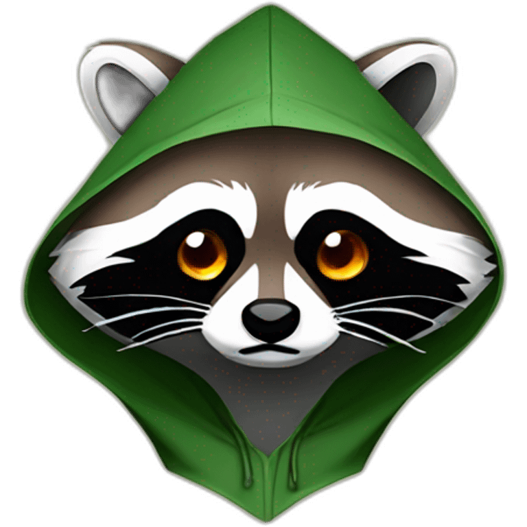 brown raccoon with orange eyes and a dark green hood that is crying emoji