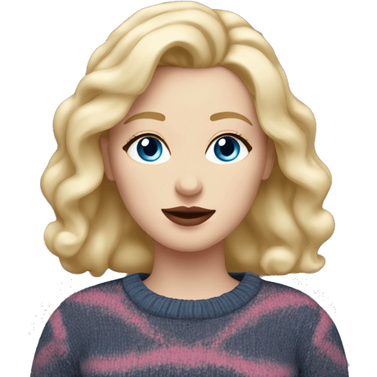 White woman with blonde hair, black pink sweater, blue eyes, red lip￼ emoji