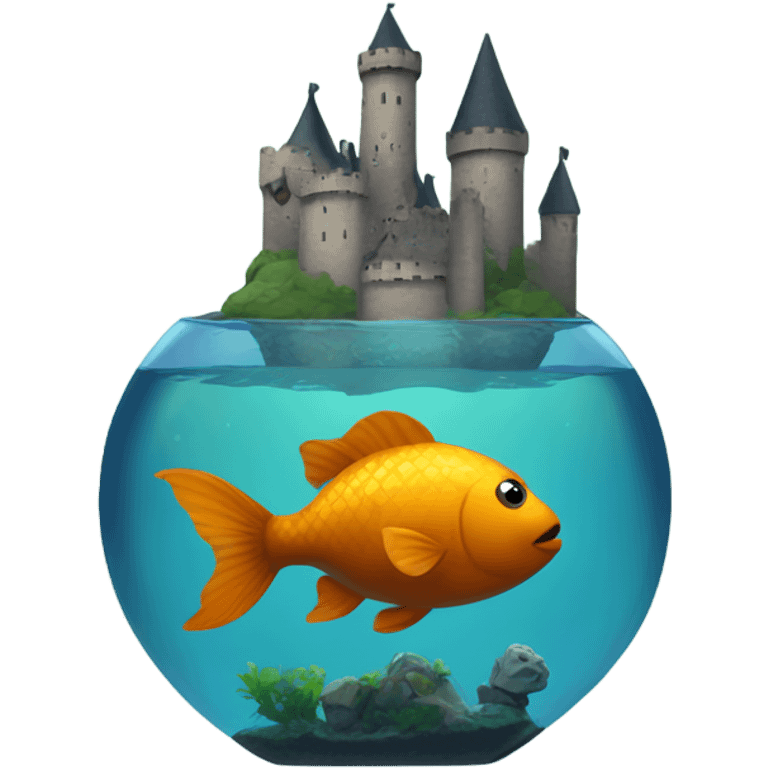 a black chubby fish swimming in a tank that has a castle in it emoji