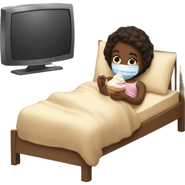 a girl laying in bed with a facemask on while watching tv and eating icecream emoji