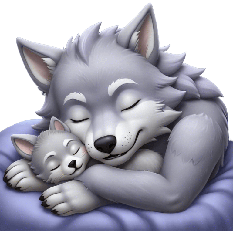 Meme-Worthy Cute Sleeping Werewolf Portrait Emoji, with a cuddly, miniature lupine form in soft moonlit grays and silvers, head resting peacefully with gently closed dreamy eyes and a small, content smile, simplified yet irresistibly endearing, highly detailed with a soft glowing outline that captures the cozy, sleepy essence of a werewolf after frolicking under the full moon! emoji