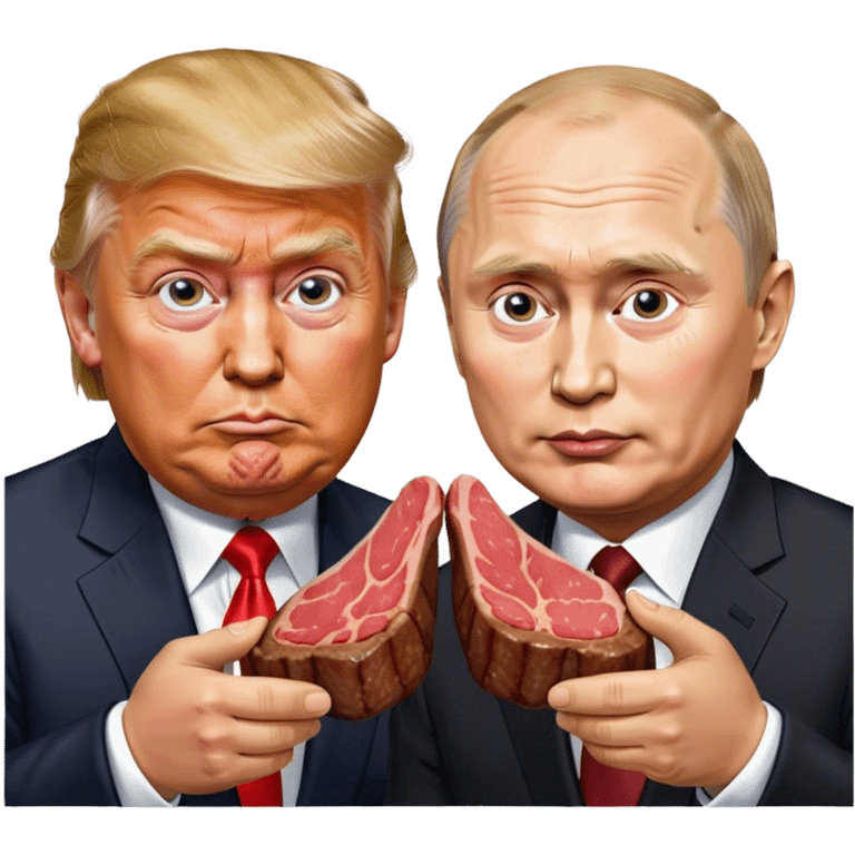 photorealistic Donald Trump and Putin eating a steak shaped like an piece of land emoji