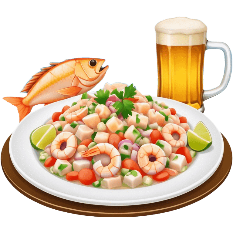 Ceviche de pescada con una cerveza a lado frente al mar emoji