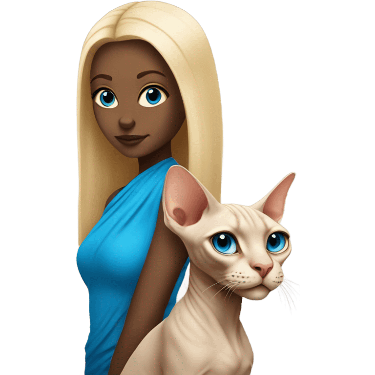 a blonde girl with blue eyes next to a Sphinx cat emoji