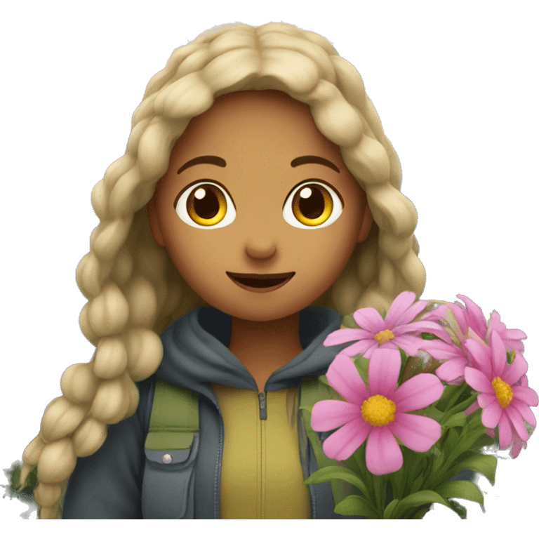 a girl in the mountains take flowers  emoji