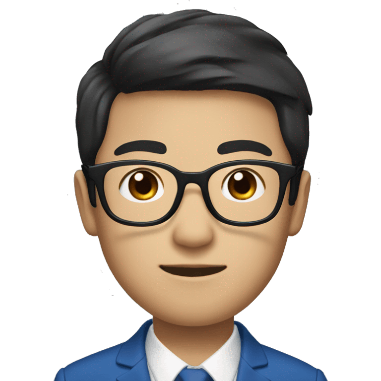 Asian boy with fair skin, short black 2:8 hair, wearing a blue suit and black glasses emoji