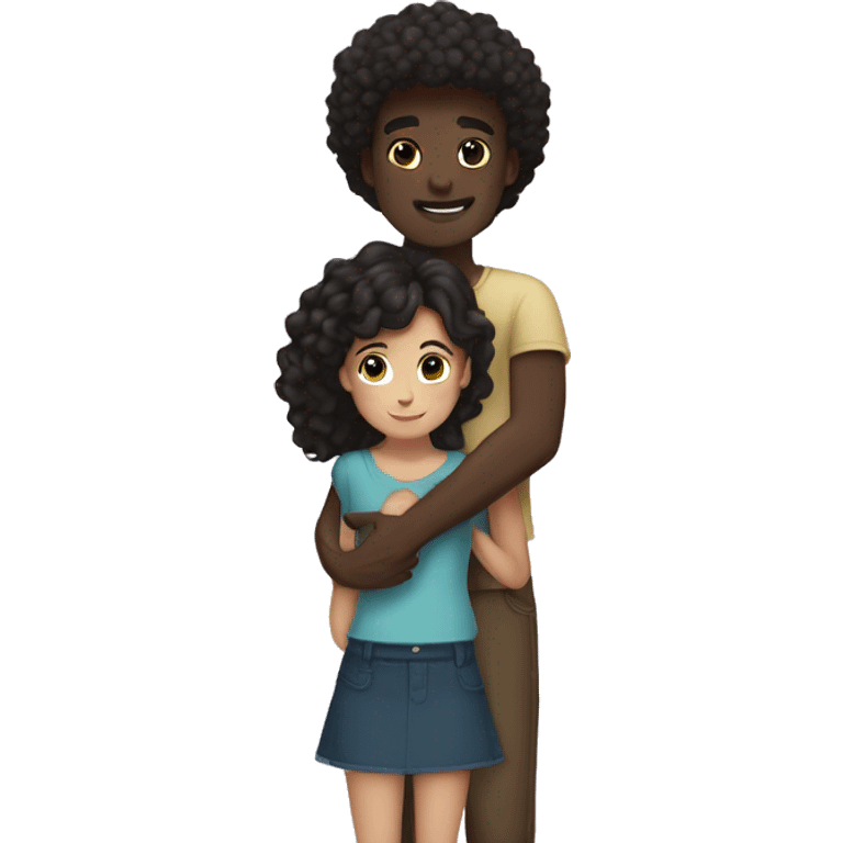 Couple hug, straight black hair dark skin tall boy and curly brunette long hair fair skin girl hugging emoji