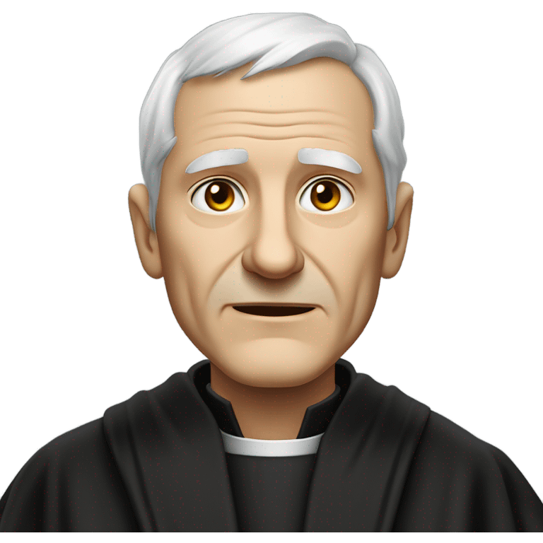 "An older man with thinning white hair, a weathered face, and a solemn expression. He wears a black robe with a clerical collar and holds a Bible or rosary, standing in a modest church." emoji