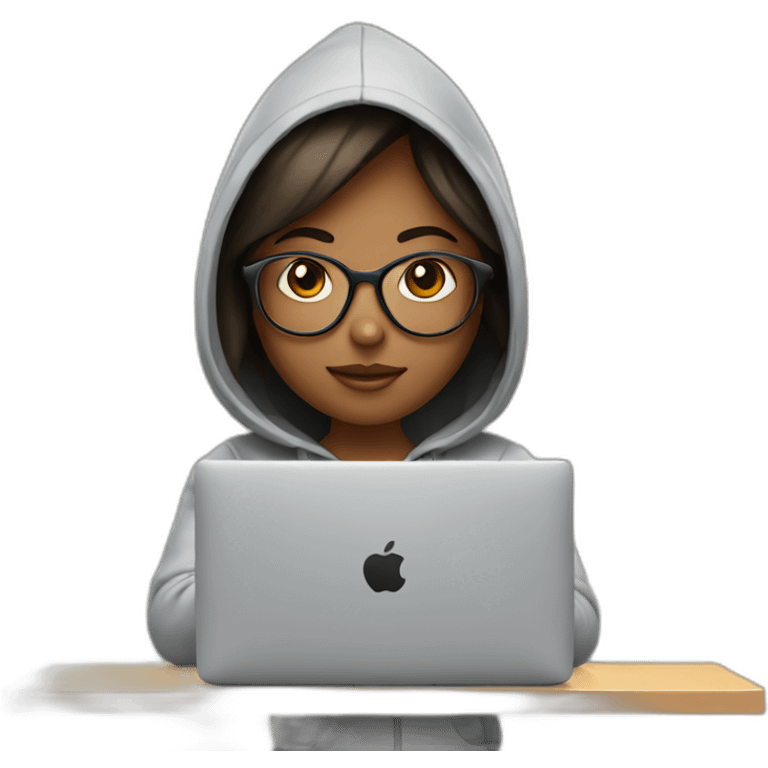 A girl with glasses in hoodie working on macbook emoji