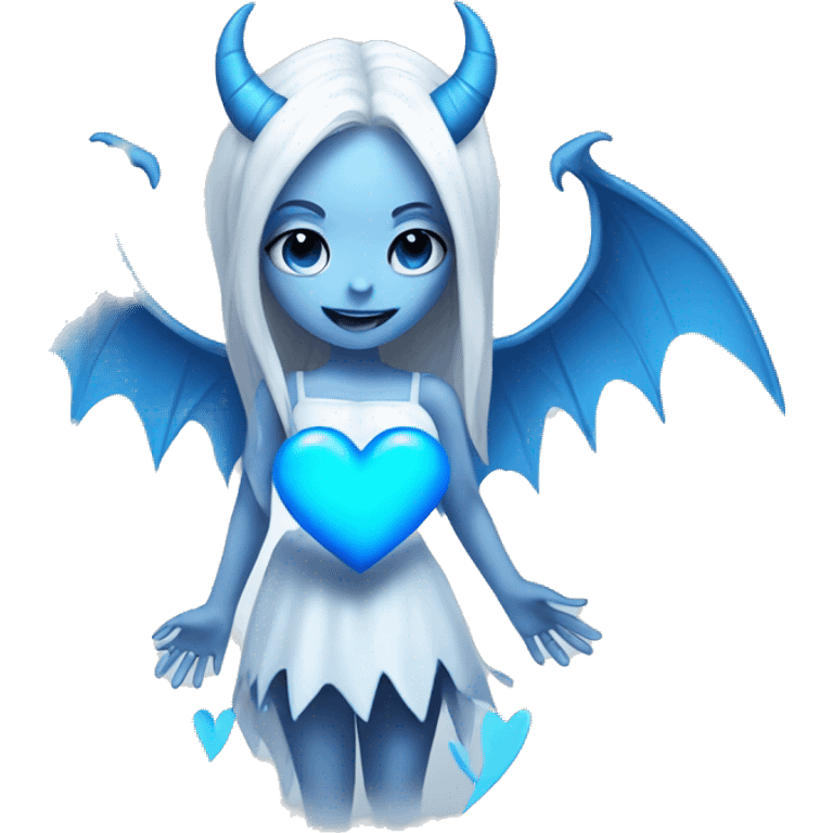 White Demon girl with blue horns and wings holding a blue heart  emoji