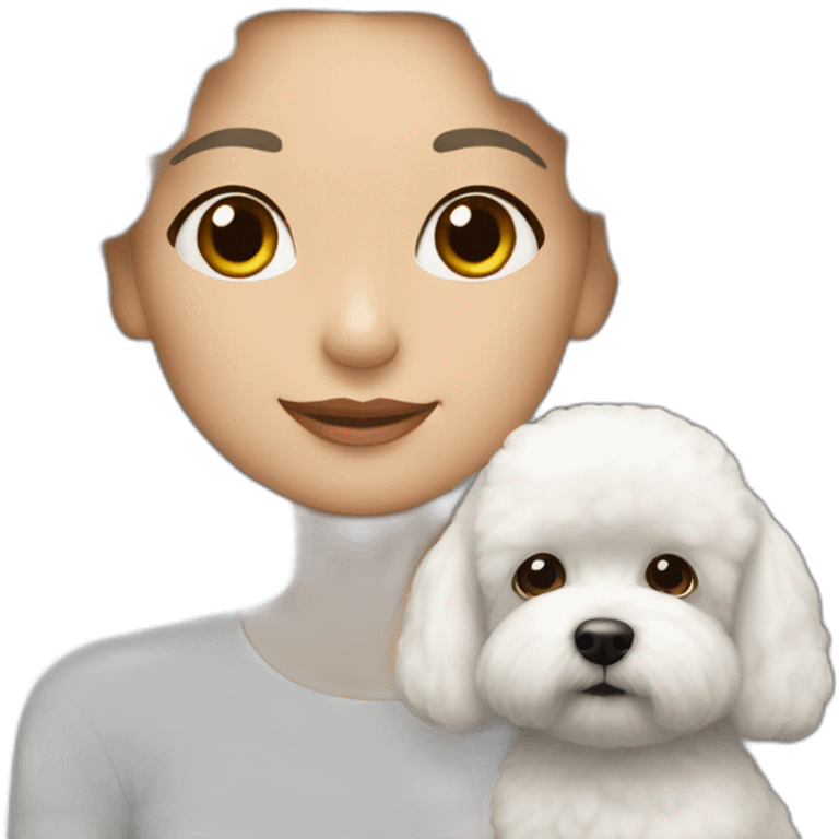 mujer piel blanca pelo largo negro y perro bichon blanco emoji