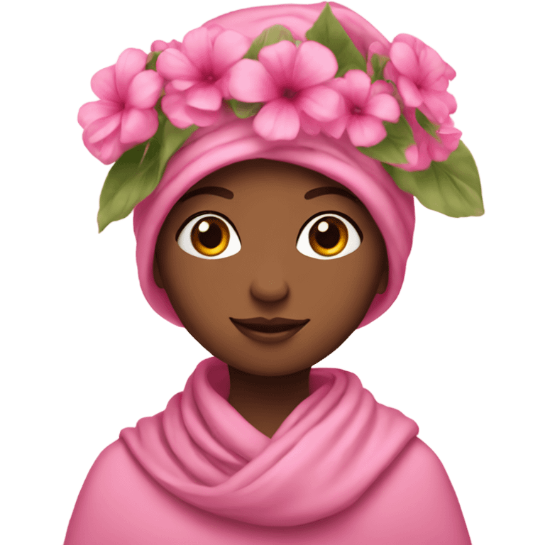 girl with a scarf on her head and a bouquet of pink flowers emoji