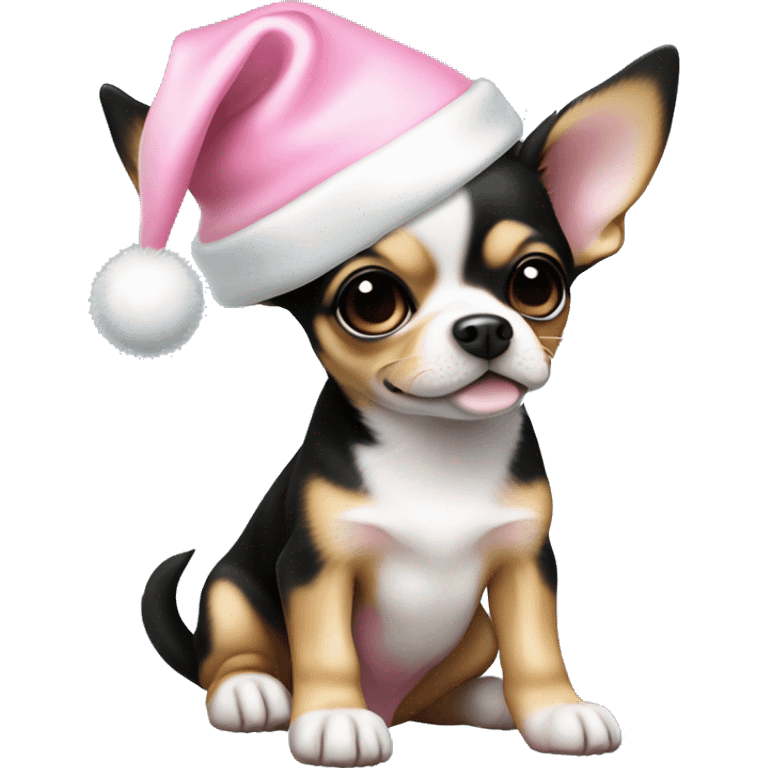 black & tan chihuahua puppy full body light blue eyes pink christmas hat on emoji