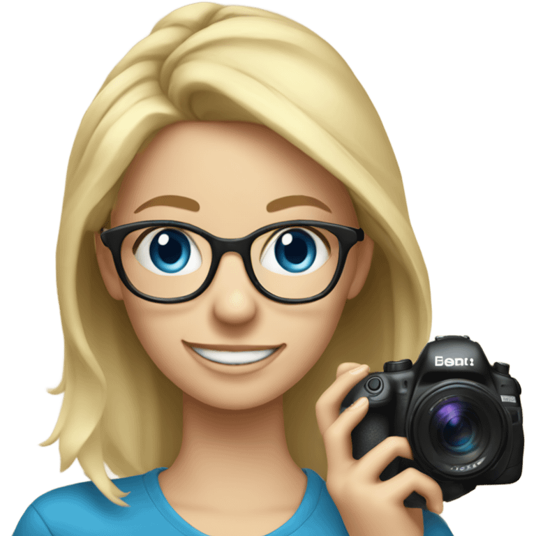 Real blonde girl with glasses smiling blue eyes taking pictures with a camera  emoji