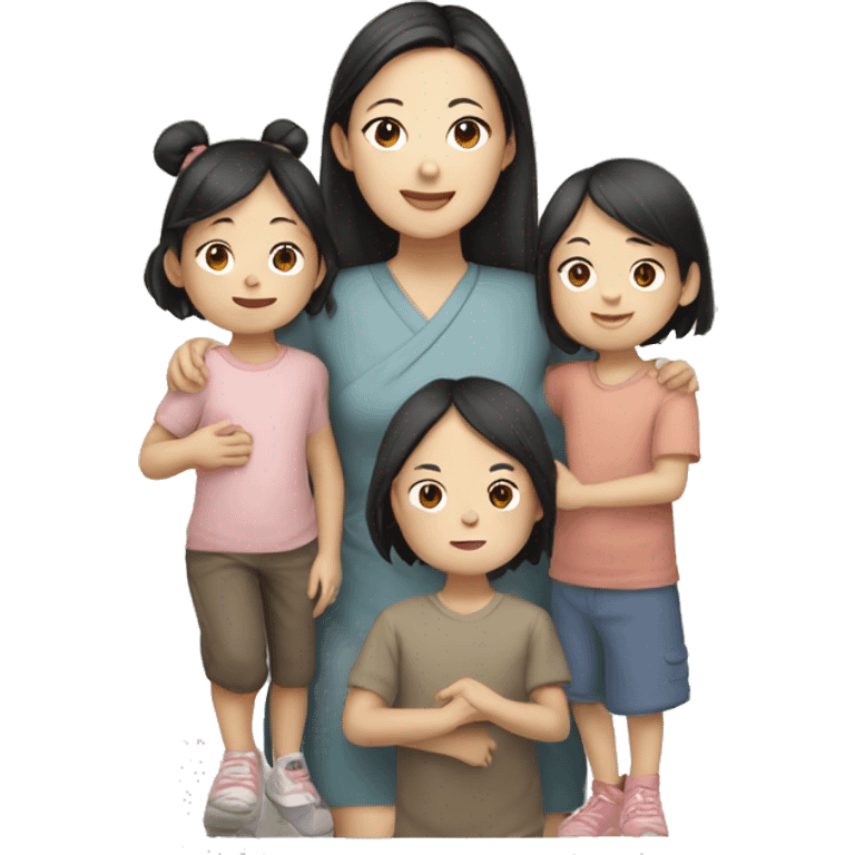 East Asian young woman with four young children emoji