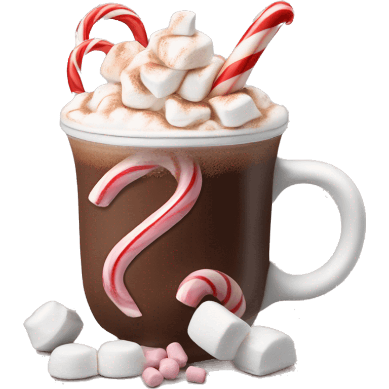 A hot chocolate with a candy cane and some marshmallows with some whipped cream emoji