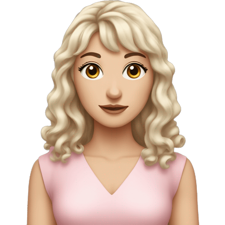 White woman with long black curly hair and bangs and dark brown eyes, wearing a pastel pink dress emoji