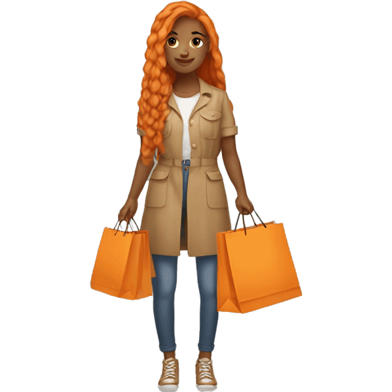 Tan girl with long orange hair wearing cute outfit holding shopping bags emoji