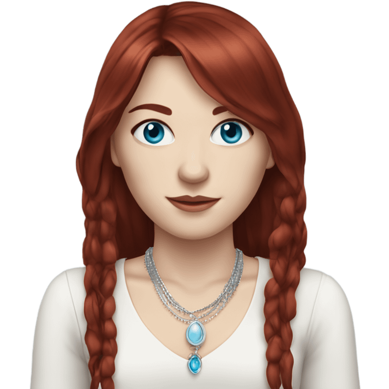 woman with pale skin, blue eyes and long dark red hair with layers and fringe bangs, wearing a white top and silver jewellery emoji