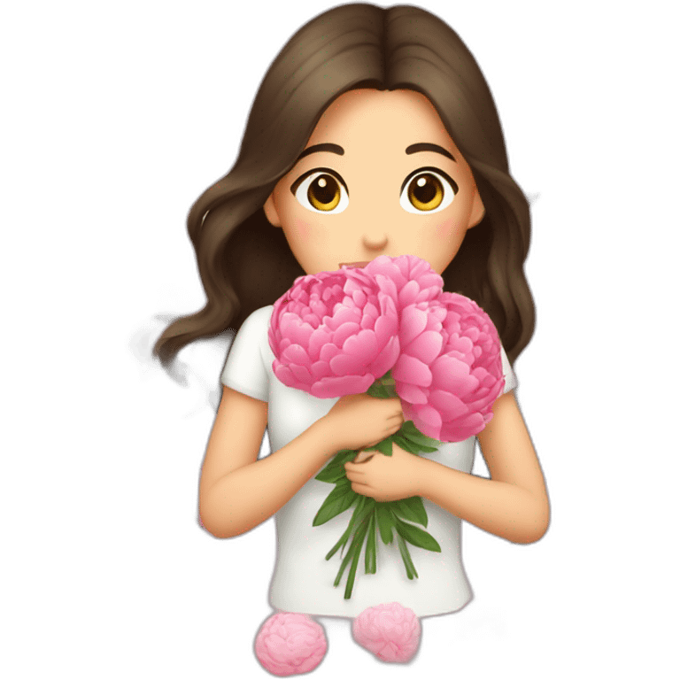 brunette girl smells flowers peonies emoji