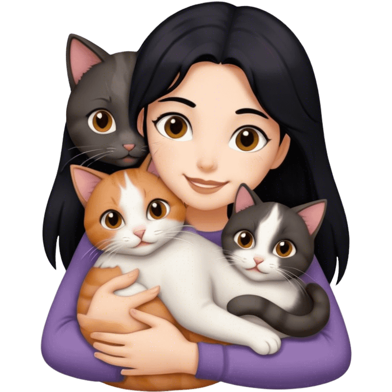 happy girl with black hair hugging three cats  (dark calico cat, gray cat, brown calico cat) emoji