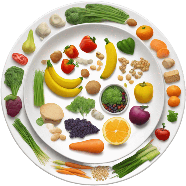 a large white round plate of realistic healthy food emoji