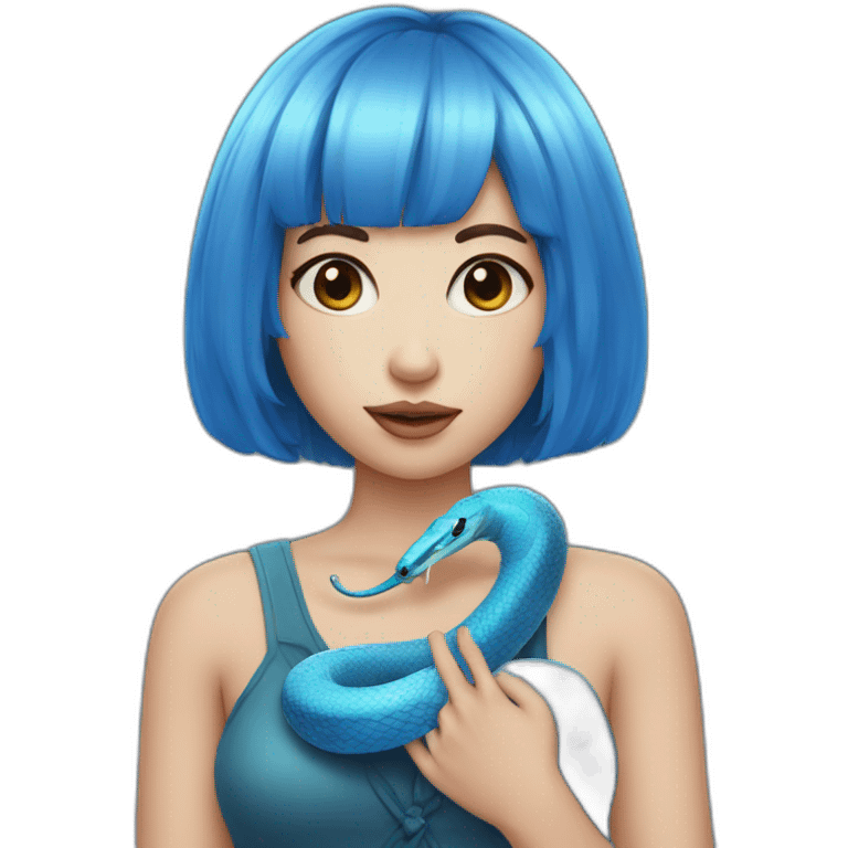 Fair skin Girl with bang cut and blue snake in hand emoji