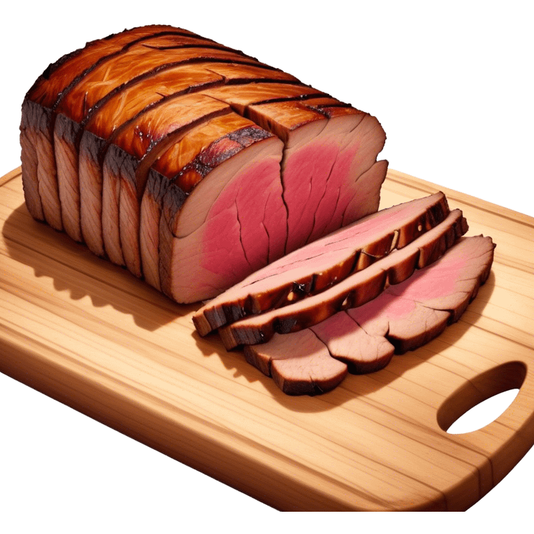 Cinematic smoked brisket, deep mahogany crust, perfectly sliced to reveal juicy marbled meat, warm smoky aroma, served on a wooden board, rich and flavorful, ultra-detailed and appetizing. emoji