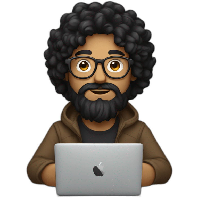 Designer with black hair, beard and glasses working with MacBook and drinking cappuccino  emoji