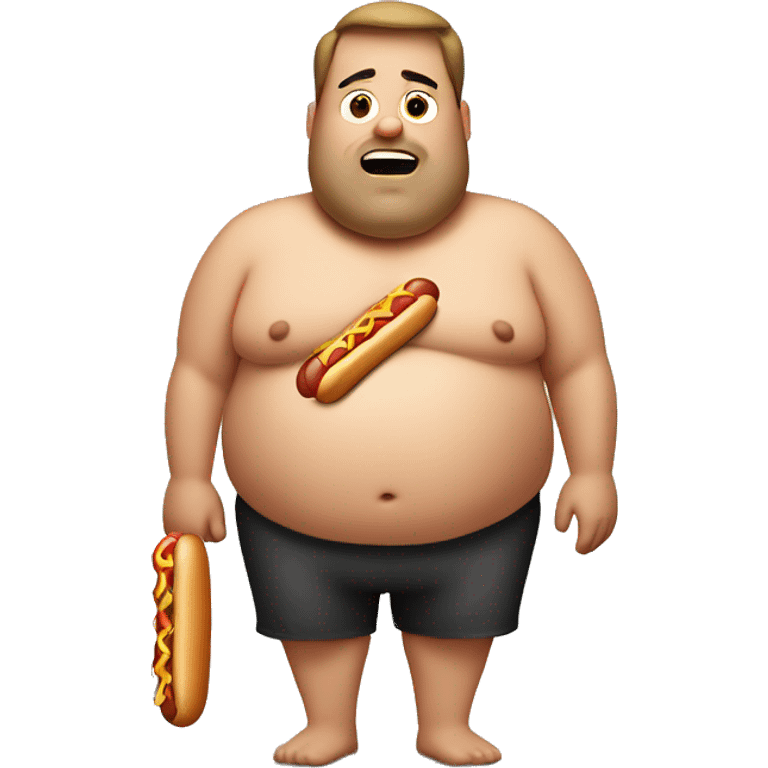 Shirtless Fat man with poor posture holding a hotdog  emoji