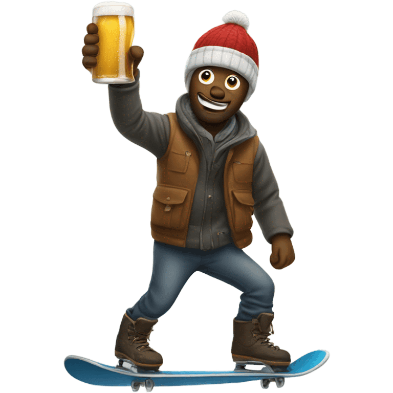 Man snowboarding with beer in his hand, holding up hand sign emoji