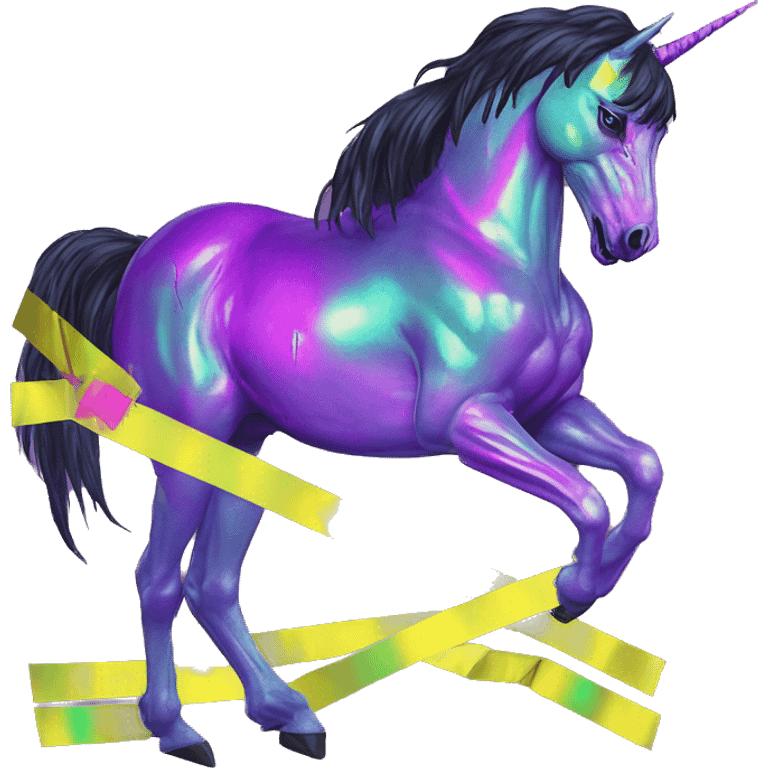 .Zombie_ Vaporwave black holographic oilslick zombie unicorn yellow caution tape graffiti Pegasus  emoji