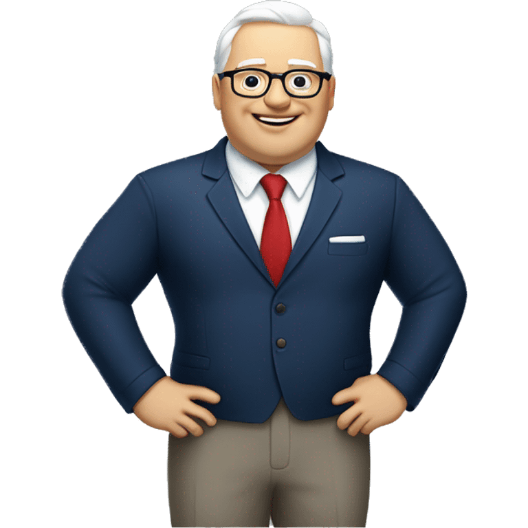 A fat man, white hair, with glasses, no beard, smiling with teeth, and wearing a navy blue suit and red tie emoji