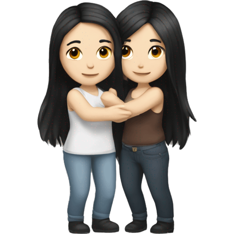 A lesbian couple that both have white skin and long black hair hugging intimately, and romantically. emoji