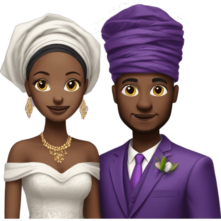 African bride and groom. Purple gele head wrap with purple off shoulder dress. Purple kente emoji