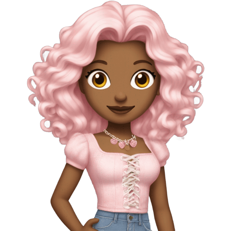 Glinda in short jeans and pink skirt and Shakira lace up croc top  emoji