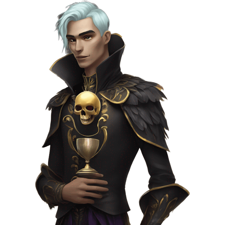 Hamlet young skinny man iridescent hair wearing raven feathers with a gilded hourglass and golden flames holding a skull emoji