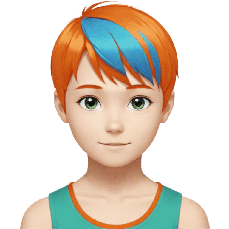 A boy with a feminine appearance, bright orange short hair with bright blue-green at the bangs and the ends of the back hair. The hairstyle is straight to the bangs, the length of the sideburns reaches the collarbone and a small ponytail tied to the side. The eye color is light brown with a little orange. He is usually smiling. The eyebrows have a little bit of a splayed eyebrow, and the angle of the eyes is a little bit foxy. emoji