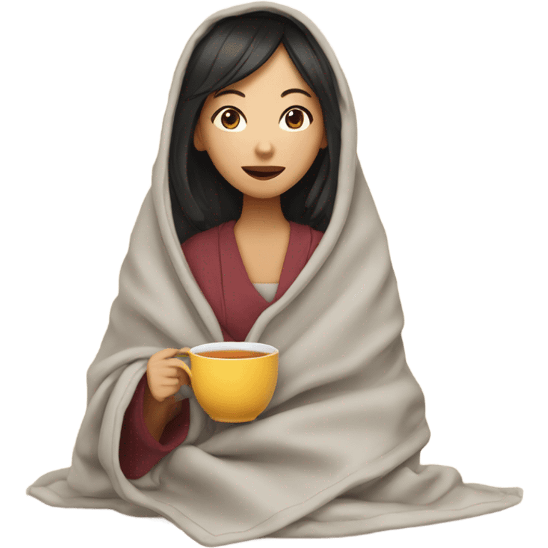 asian girl inside a blanket sipping tea emoji