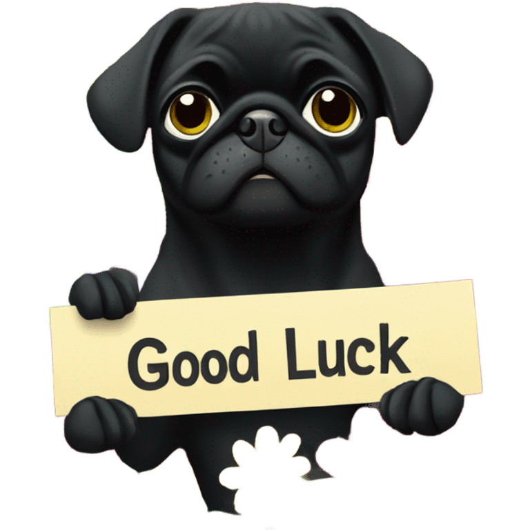 Black pug , surrounded by flowers, holding a green sign that says “good luck”  emoji