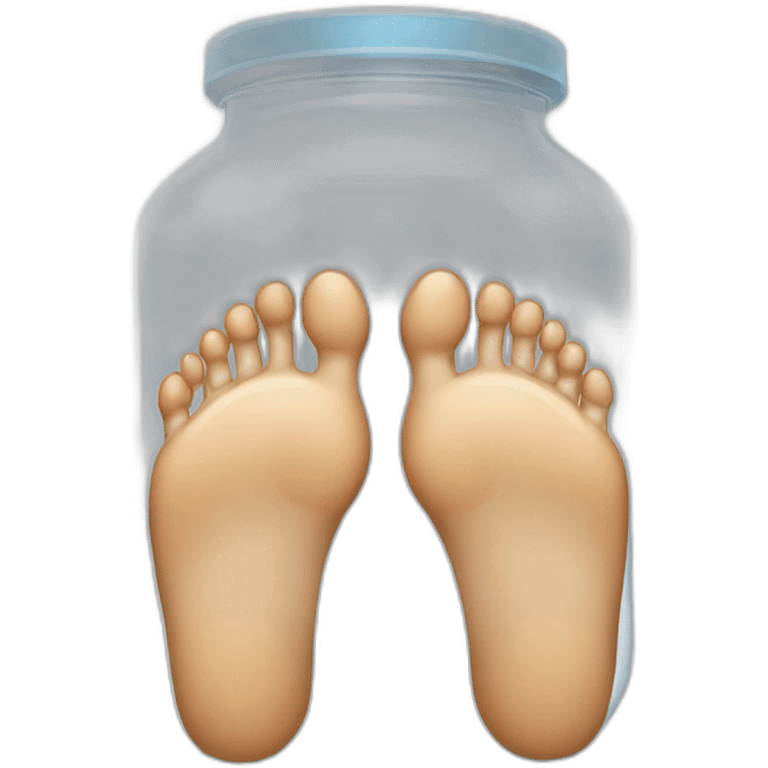 human feet standing on the floor with an empty transparent jar between them emoji