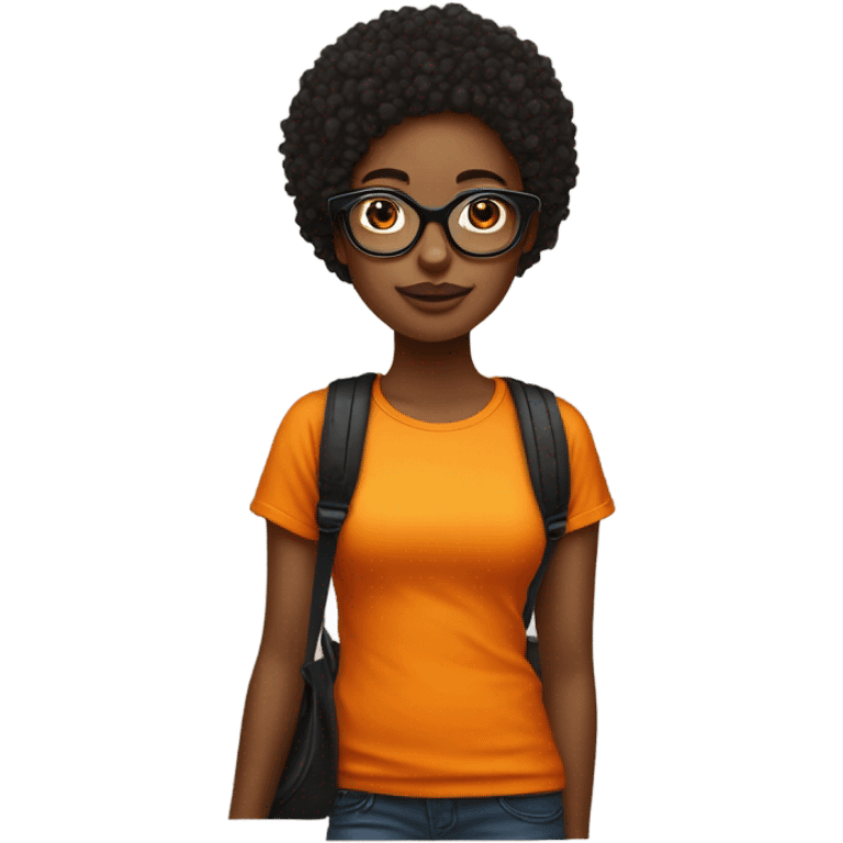 Une fille avec une calvitie et elle port un t-shirt orange et porte aussi des grosse lunette noir emoji