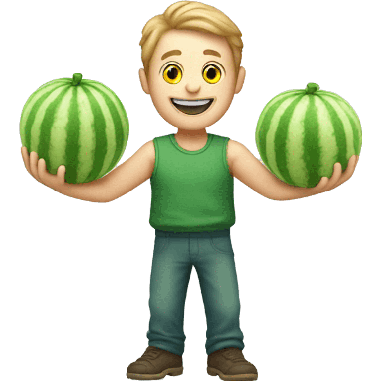 A happy white man what’s front handand green ice holding a melon and his arms emoji