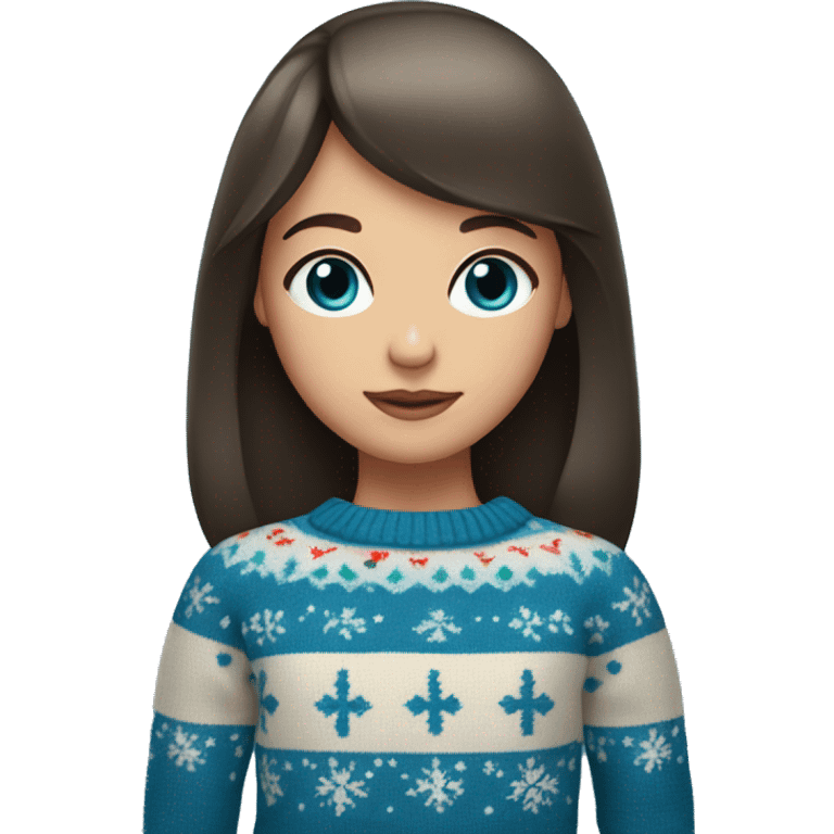 A girl with bangs of dark brown hair and blue eyes in a Christmas sweater emoji