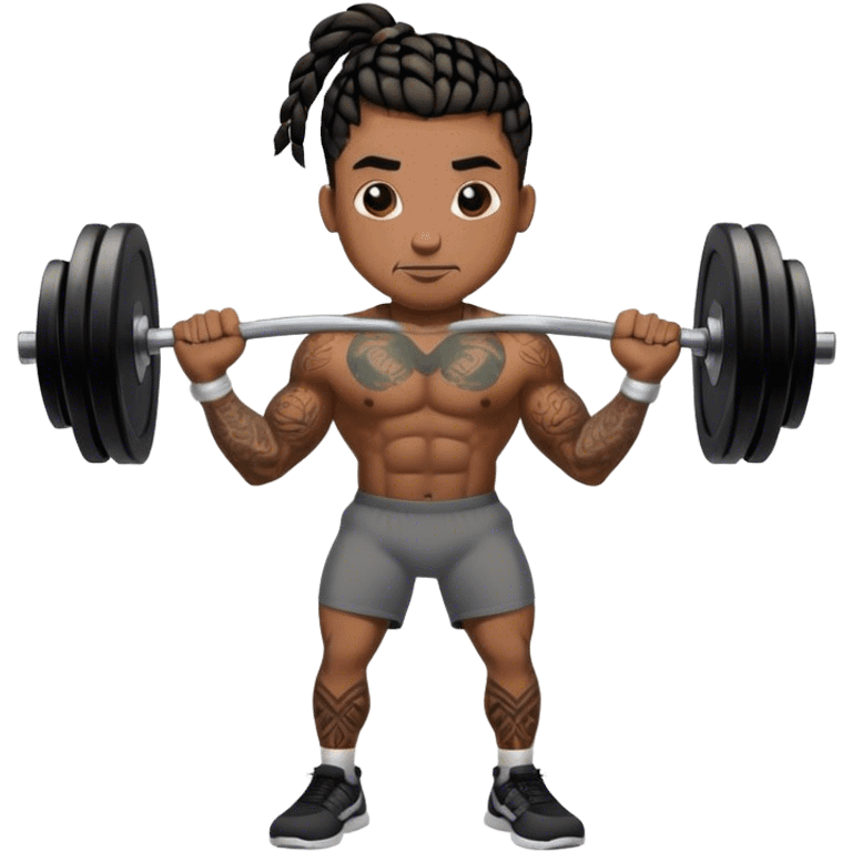 Buff black man with short braids and tattoos lifting weights emoji