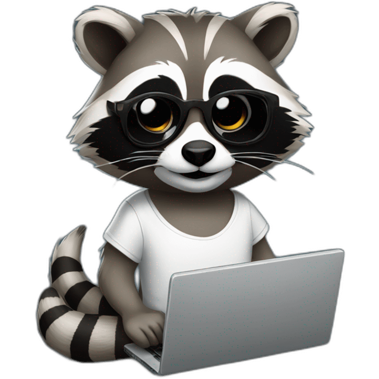 racoon wearing square glasses and white tee working on a black laptop emoji