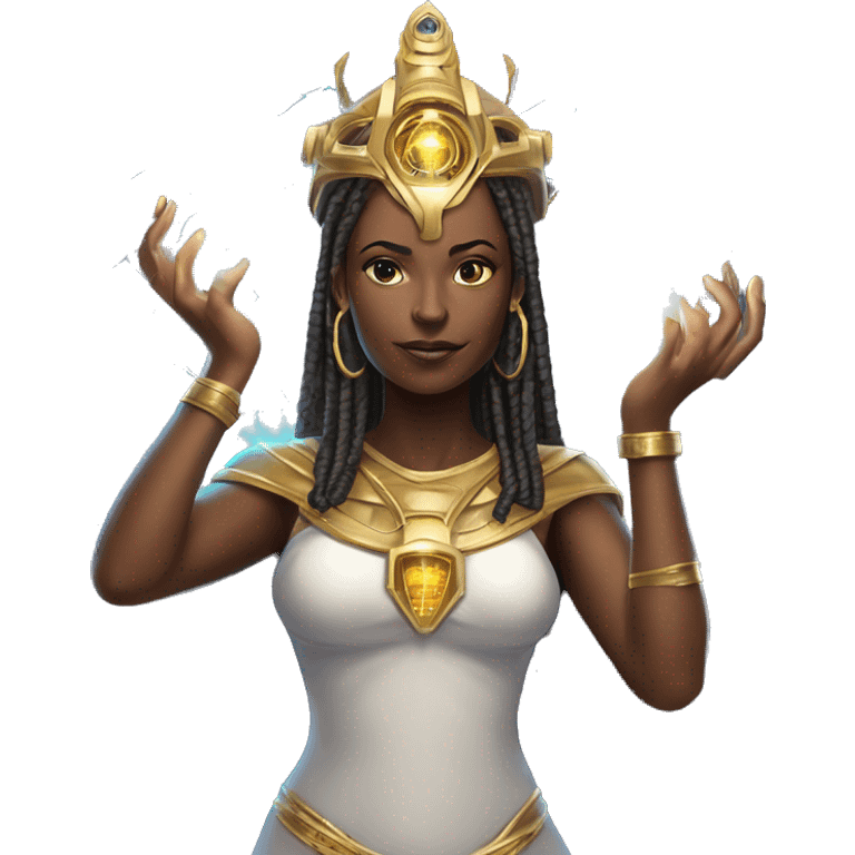 Technomancy Goddess is a mystical being who controls both magic and technology. She can cast spells on technological networks. Her powers blend the ancient art of magic with advanced cybernetics and technology. She can command machines emoji