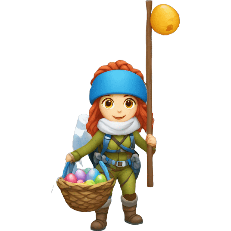 Greek Female winter mountaineer red hair white skin climbing with Greek Flag and Easter eggs basket emoji