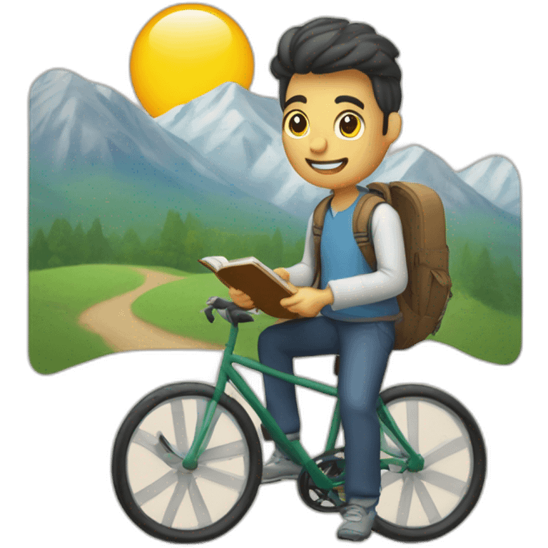 Un estudiante con una libreta bajando con una bici de montaña emoji