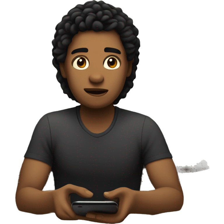 A white person with black hair sits on the edge of a bed, focused on their phone in a dimly lit room emoji